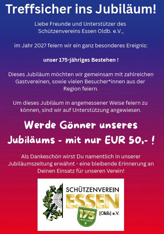 Gönner-Flyer Vorderseite – Treffsicher ins Jubiläum