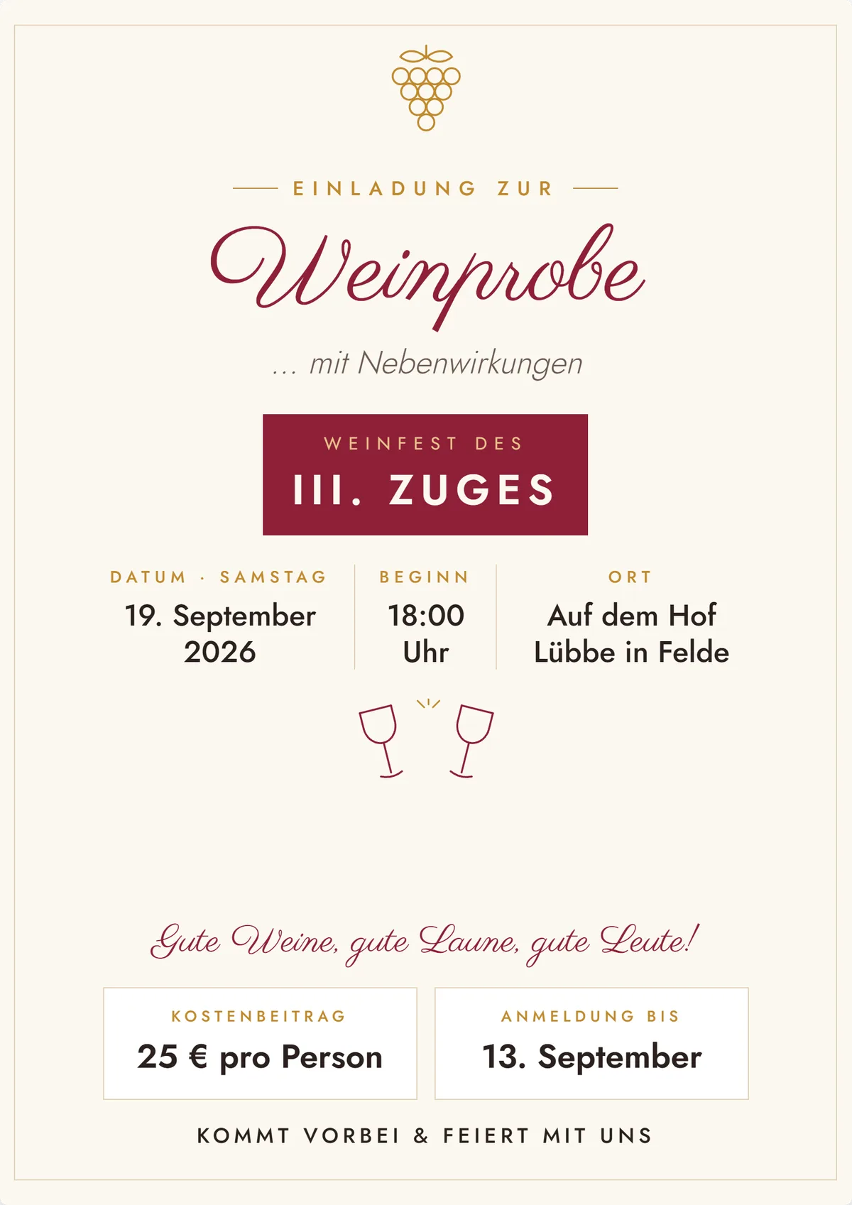 Einladung zur Weinprobe – Weinfest des III. Zuges, Samstag 19. September 2026, 18:00 Uhr, auf dem Hof Lübbe in Felde. Kostenbeitrag 25 € pro Person, Anmeldung bis 13. September.